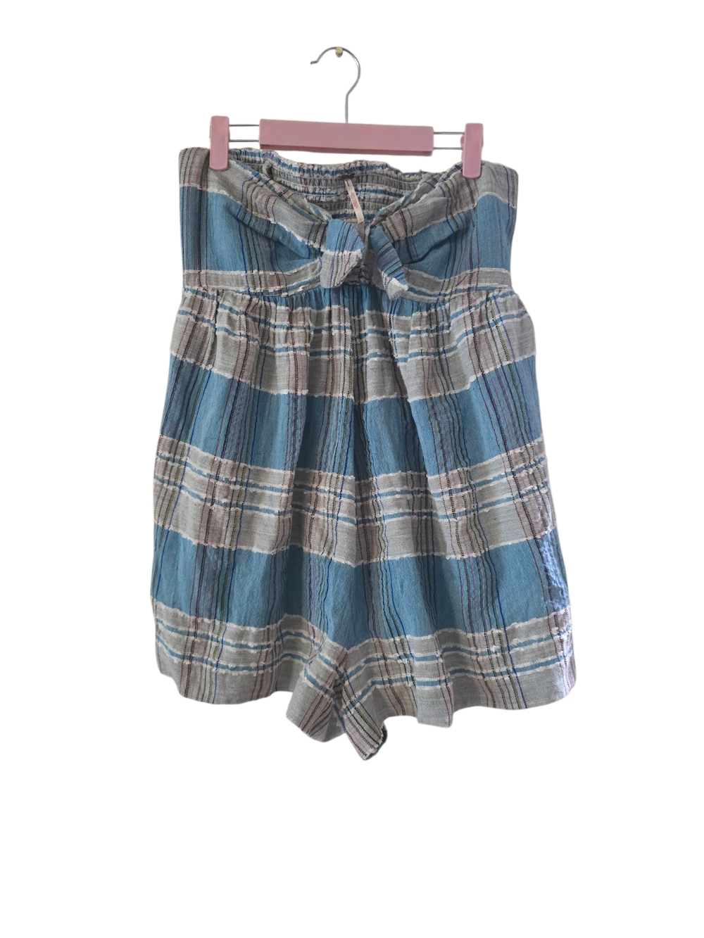 Free People Blue and Cream Plaid Strapless Romper